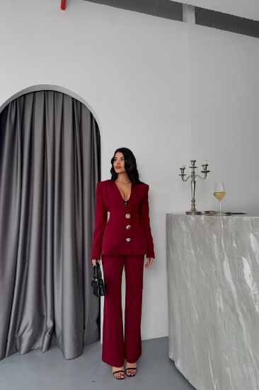 TASARIM CEKET-PANTOLON TAKIM METAL DÜĞME DETAYLI - Bordo resmi